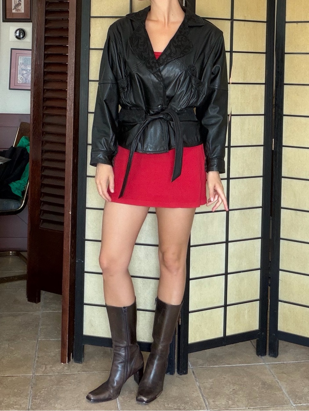 Black Leather Trench Coat jacket wrap vintage  - Women's Stylish Wrap Jacket